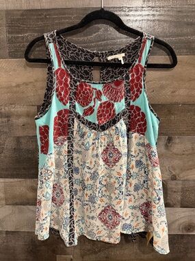 Floreat Mixed-Print Floral Camisole in Aqua, Red, and Cream
